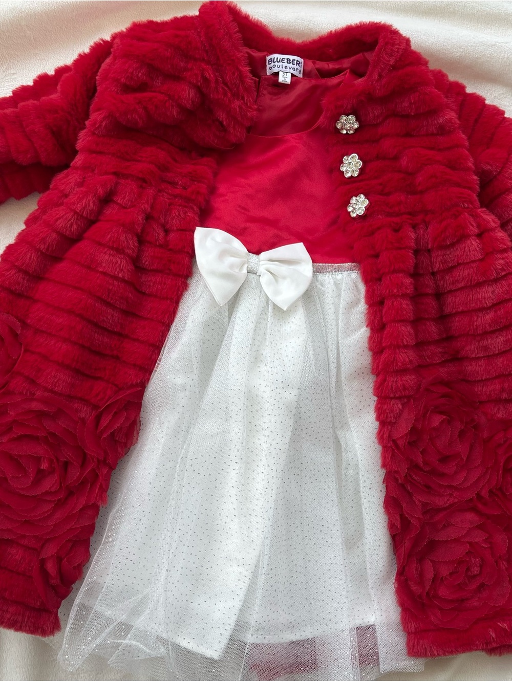 Blueberi Boulevard Bright Red Faux-Fur Girls' Coat with Bow Detail and dress